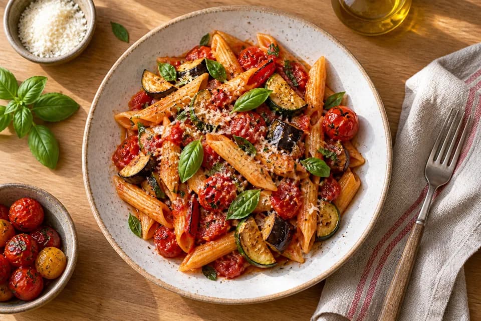 Tomato pasta with fresh basil, an example recipe article cover