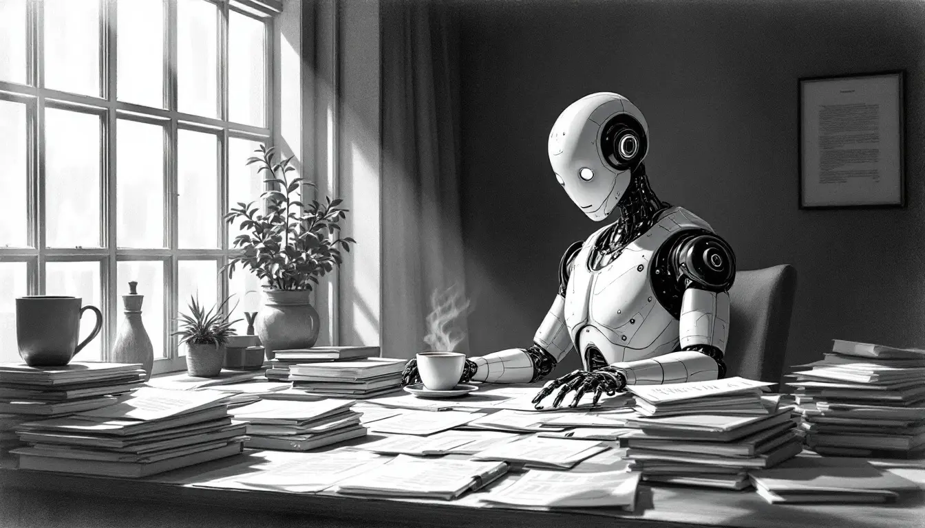 Robot sitting at desk (AI generated image)