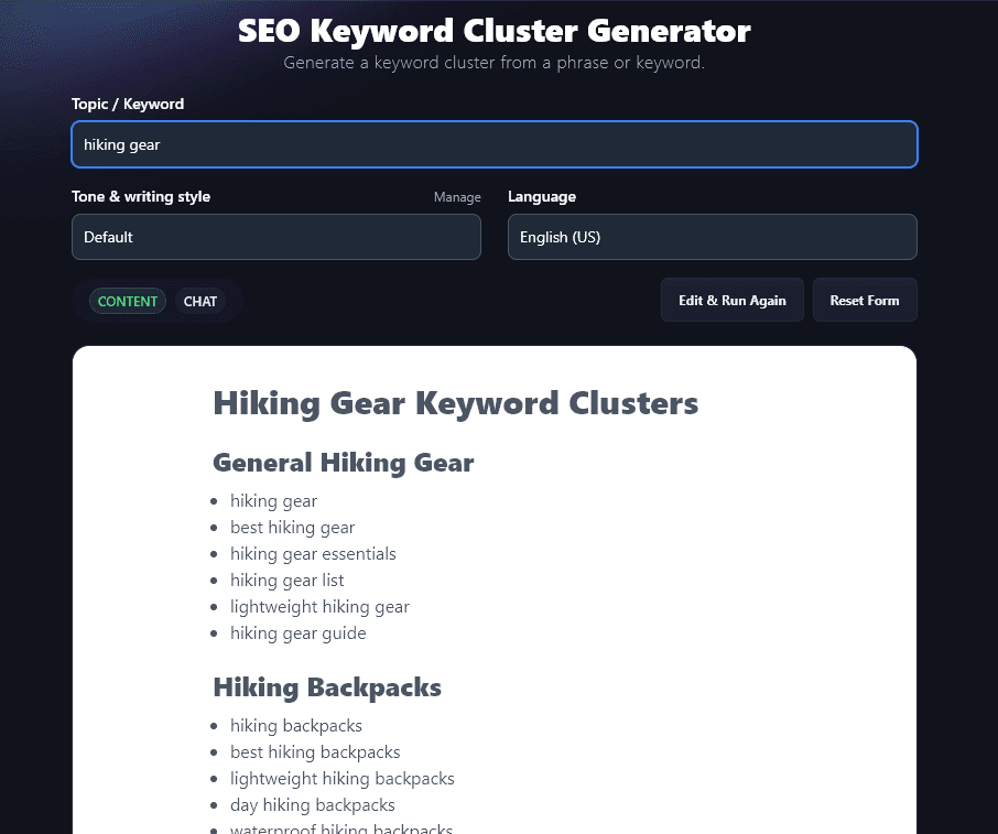 SEO Keyword Cluster Tool Inside RightBlogger (Screen Shot)