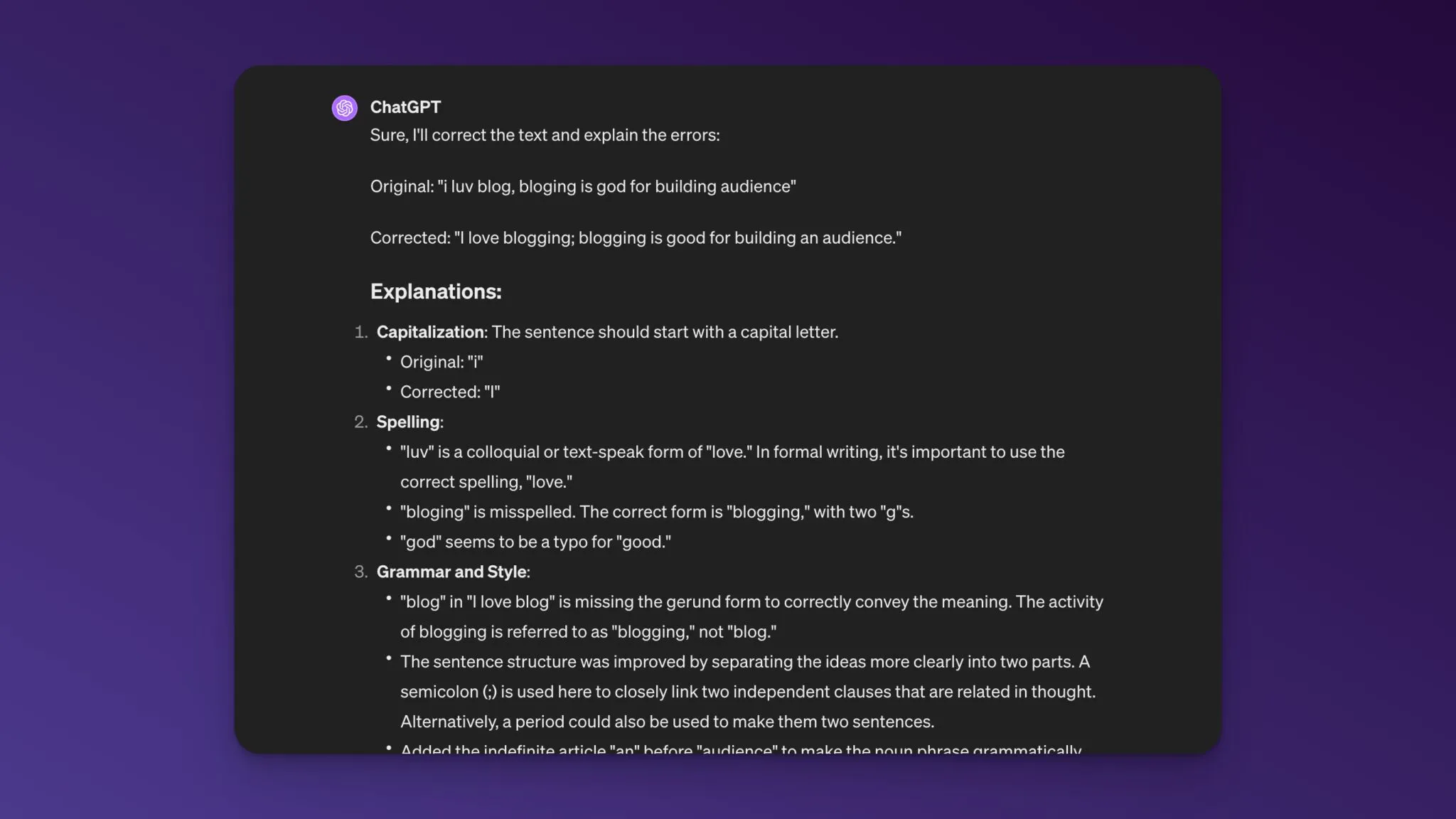 AI explaining grammar mistakes