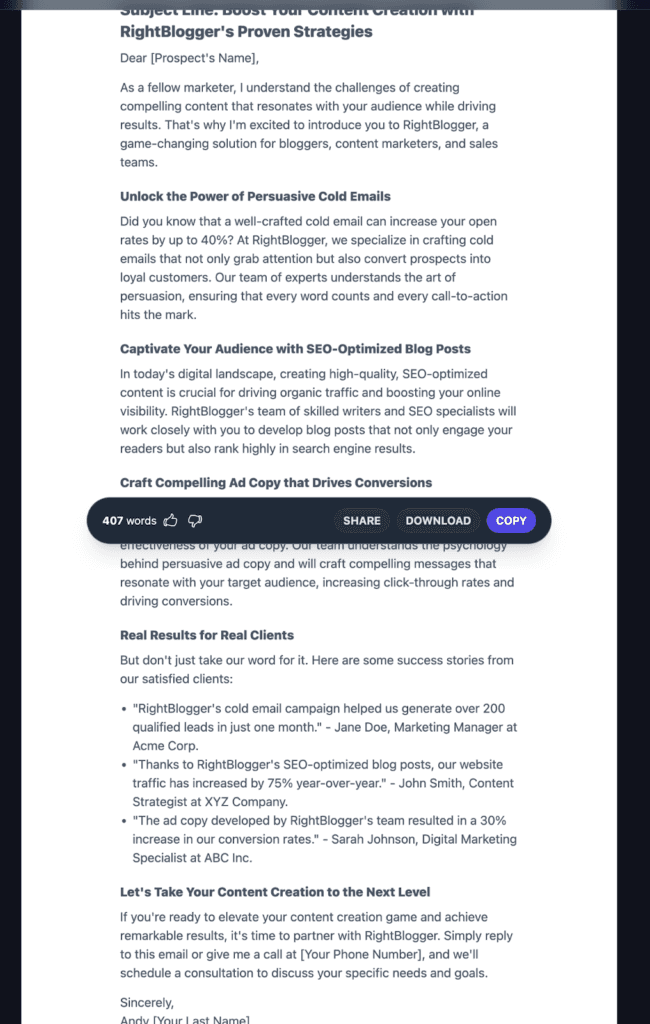 RightBlogger AI Cold Email Generator Example