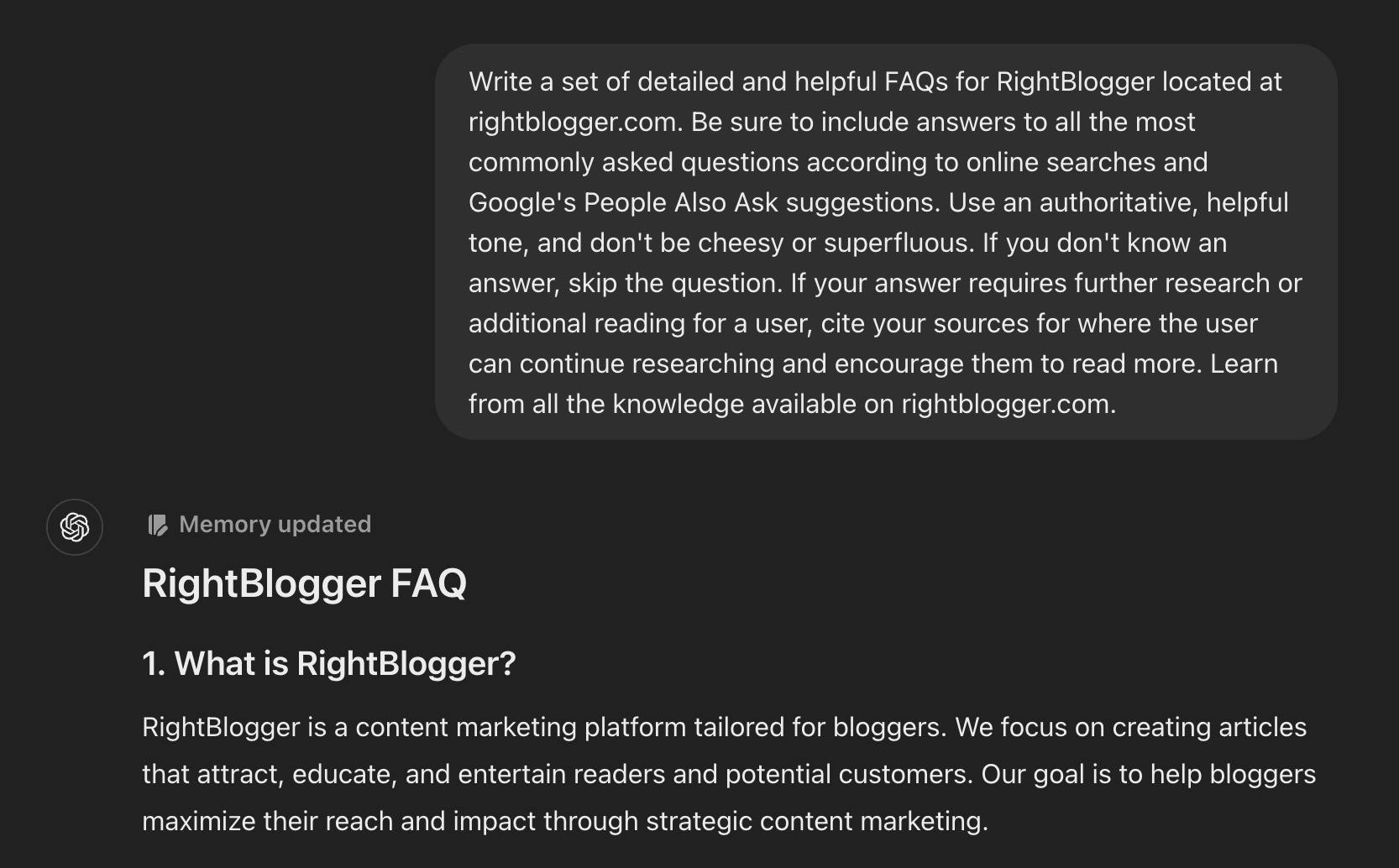 ChatGPT FAQ Content Creation Example (Screen Shot)