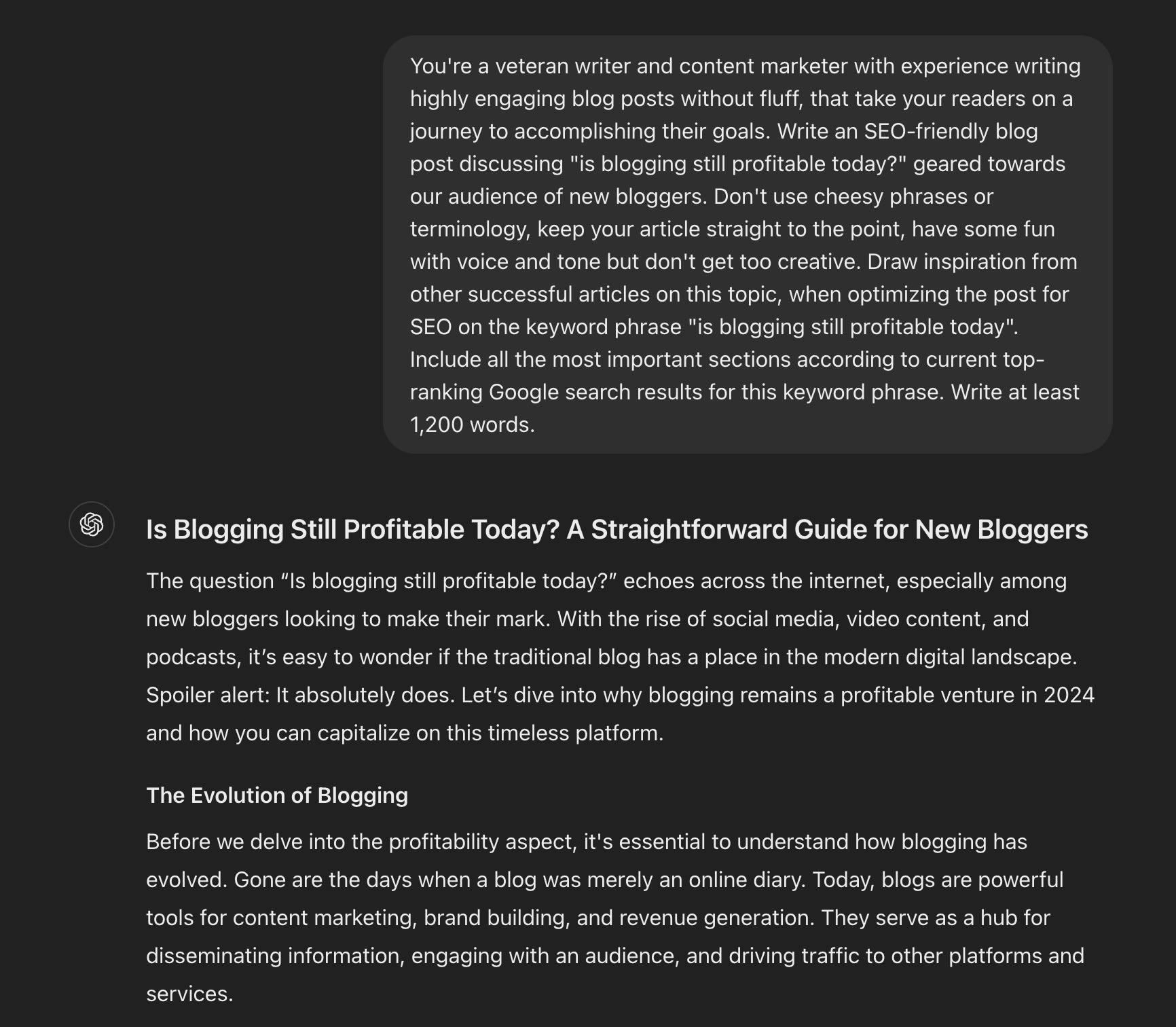 ChatGPT Prompt for Writing Blog Posts (Example Screen Shot)