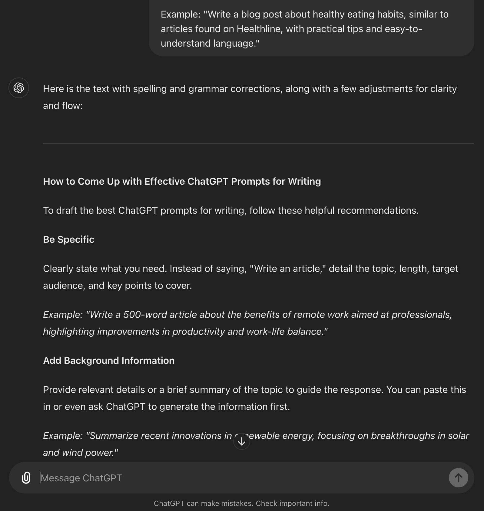 ChatGPT Writing Prompt for Grammar and Spellcheck (Screen Shot)