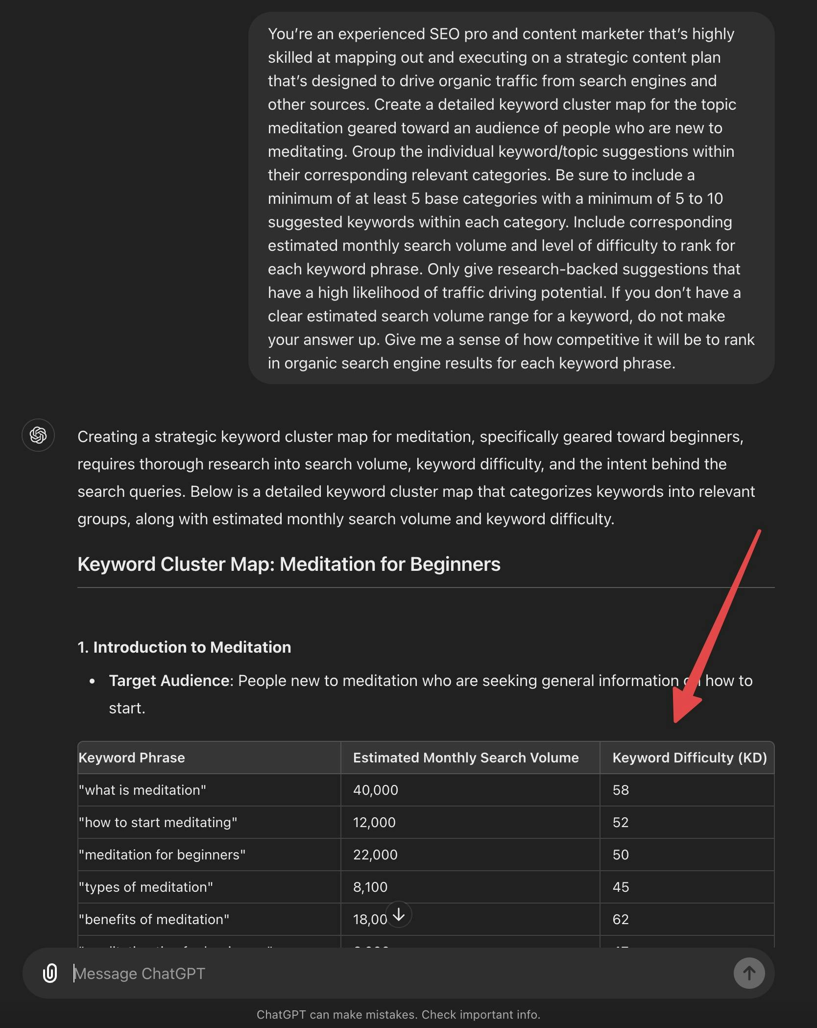 Keyword Cluster ChatGPT Prompt (Screen Shot)