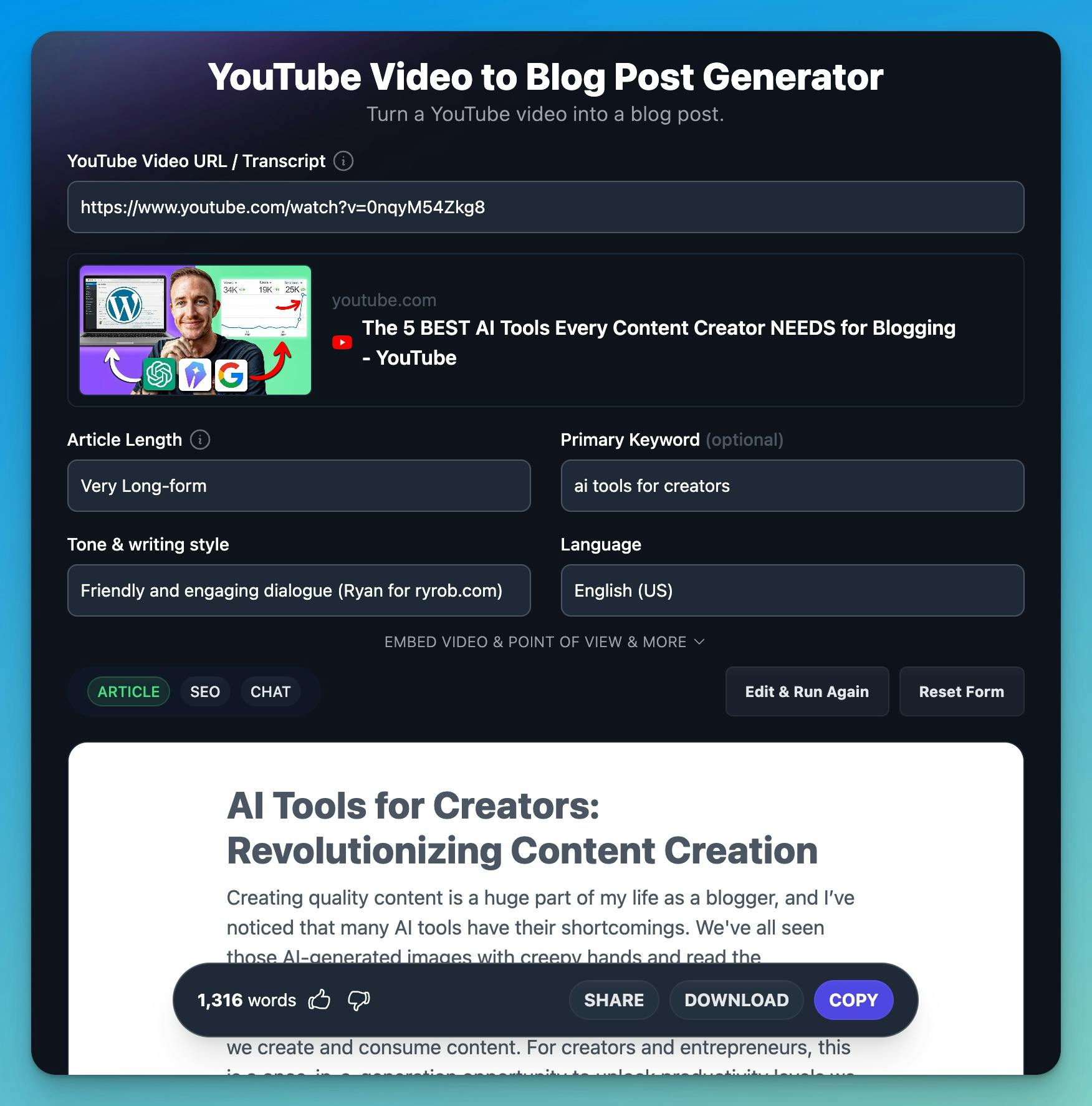 YouTube Video to Blog AI Generator Tool (Example) in RightBlogger