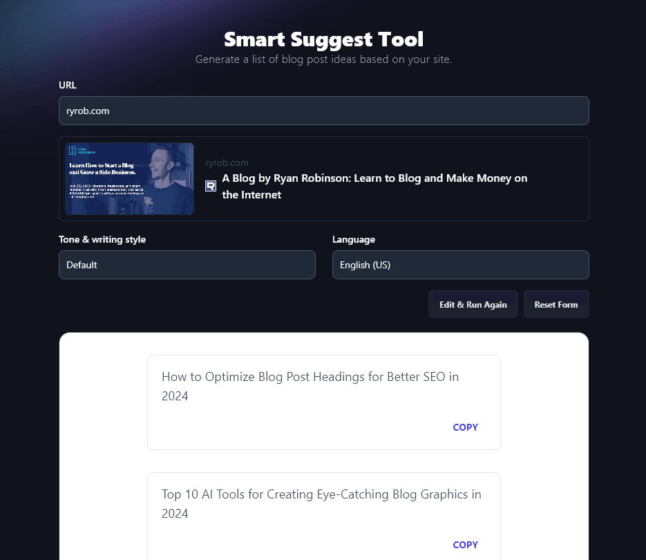 SmartSuggest Tool by RightBlogger showing Creative Content Ideas