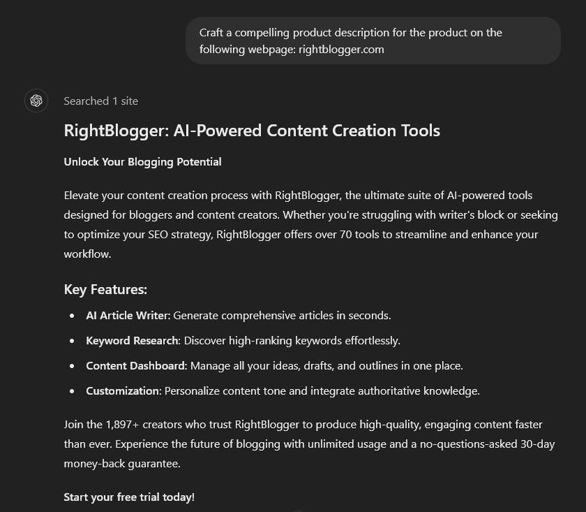 Example of ChatGPT Prompt for Writing a Product Description (Screen Shot)