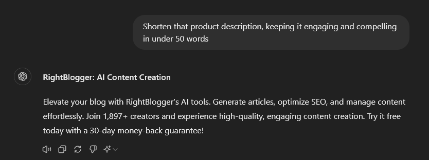 Example of Limiting Word Count in ChatGPT Prompt for Writers (Screen Shot of Shortening)