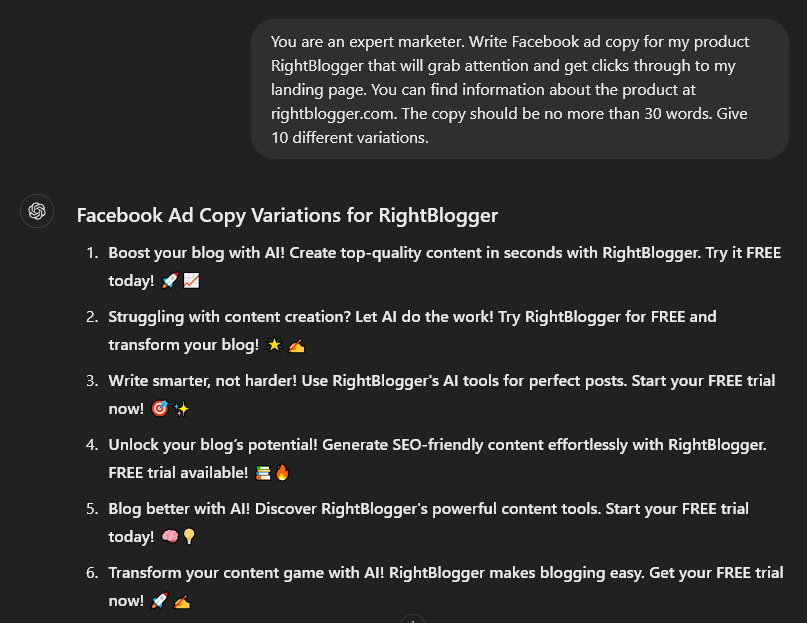 Example of ChatGPT Prompt for Writing Ad Copy (Screen Shot)