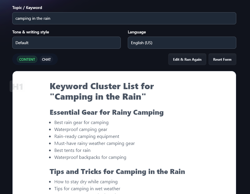 AI Content Creation with RightBlogger's Keyword Cluster tool, showing a list of keyword clusters for the root keyword/topic Camping in the Rain