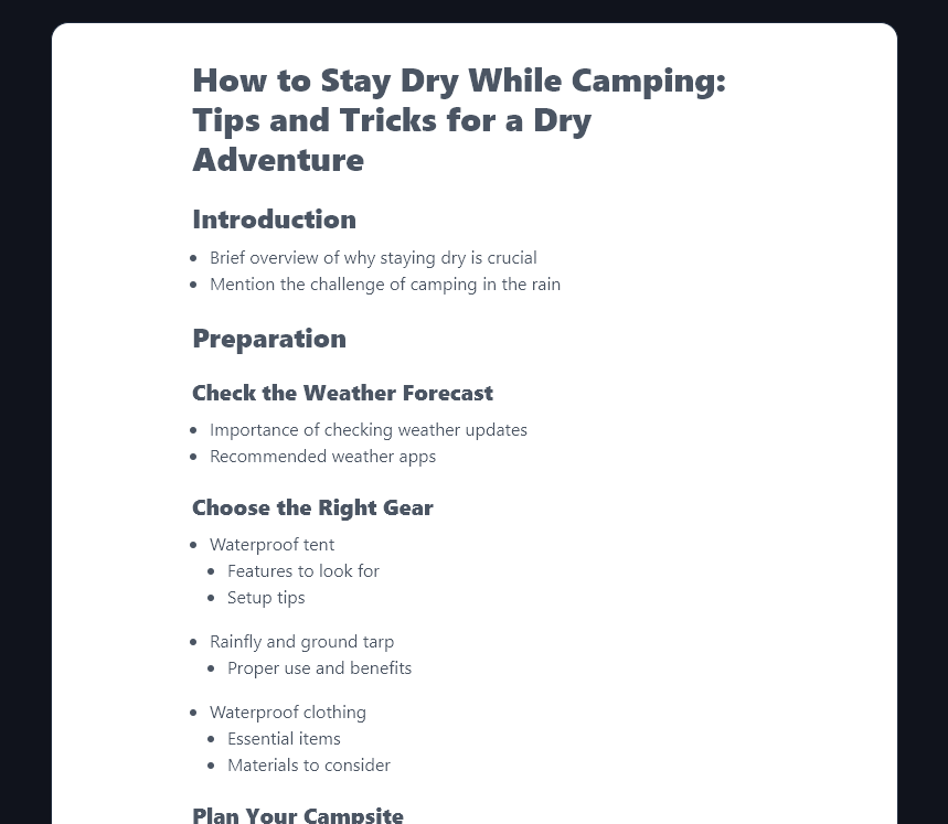 RightBlogger's Blog Post Outline tool, showing the start of an outline for a blog post with the title How to Stay Dry While Camping: Tips and Tricks for a Dry Adventure