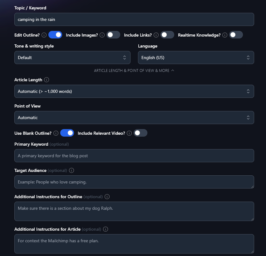 RightBlogger content creation tool the Article Writer, showing all the different parameters and options that can be set to finetune the results.