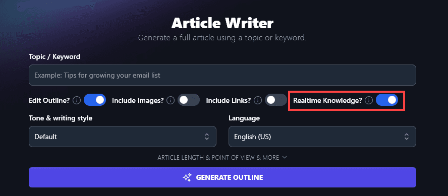 RightBlogger Article Writer tool with the Realtime Knowledge option selected (and highlighted with a red box in the screenshot)