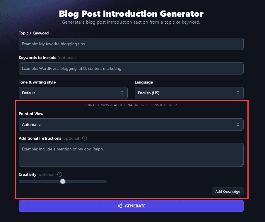 RigthBlogger Blog Post Introduction Generator, with the 'Point of View & Additional Instructions & More' option expanded and indicated with a red box