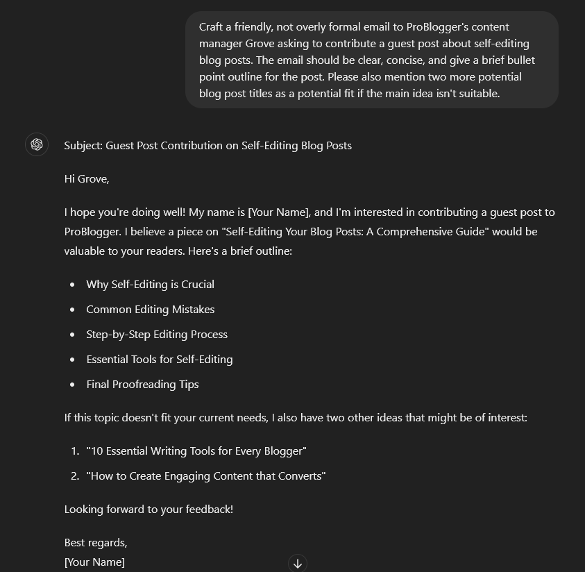 Guest Post Email Pitch ChatGPT Prompt Example (Screen Shot)