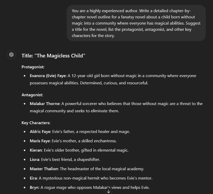 ChatGPT Prompt for Outlining a Novel (Example Screen Shot)