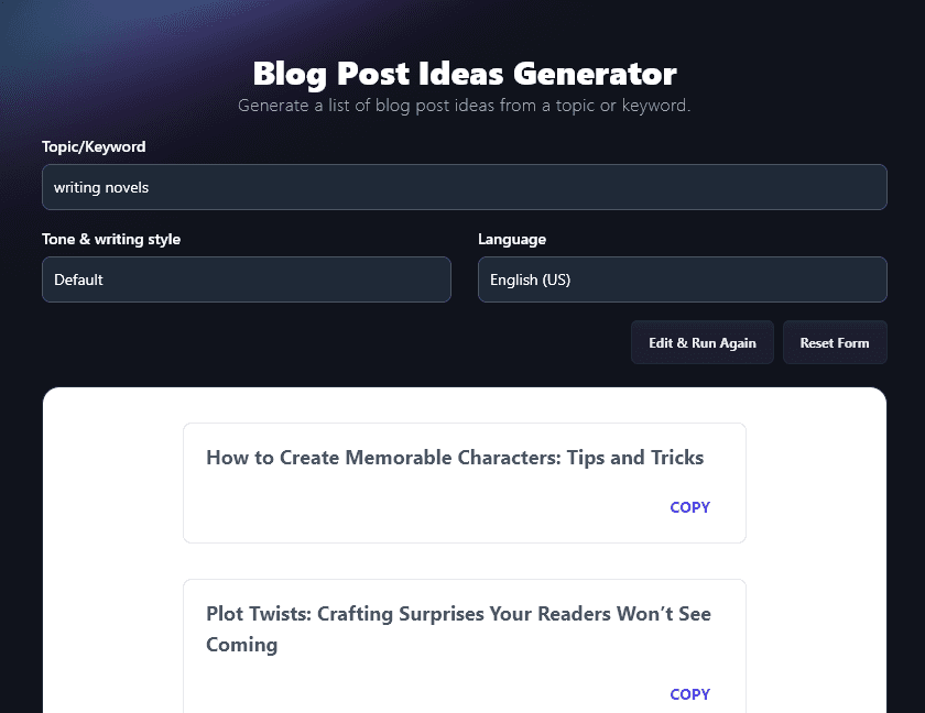 Blog Post Idea Generator Tool in RightBlogger (Screen Shot)