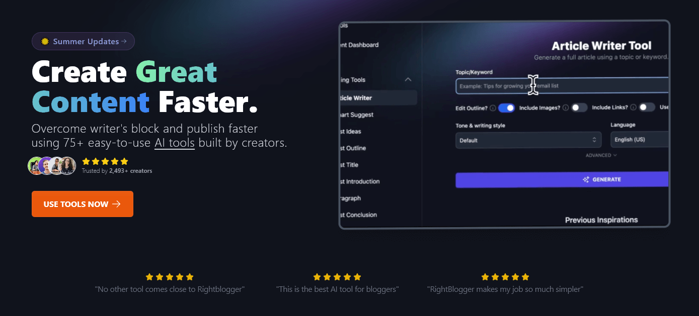 AI Marketing platform RightBlogger's front page, showing our Article Writer Tool in action