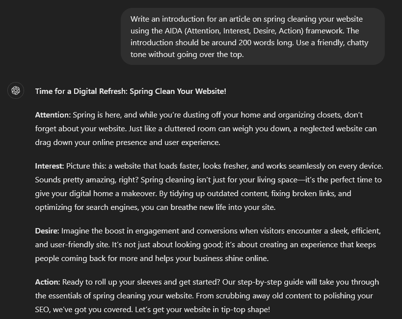ChatGPT blogging prompt to create an introduction using the AIDA framework