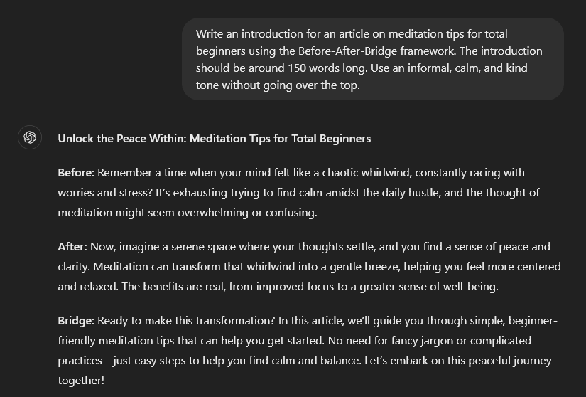 ChatGPT blogging prompt to create an introduction using the Before-After-Bridge framework