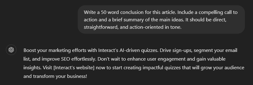 ChatGPT blog post conclusion prompt with summary and call to action