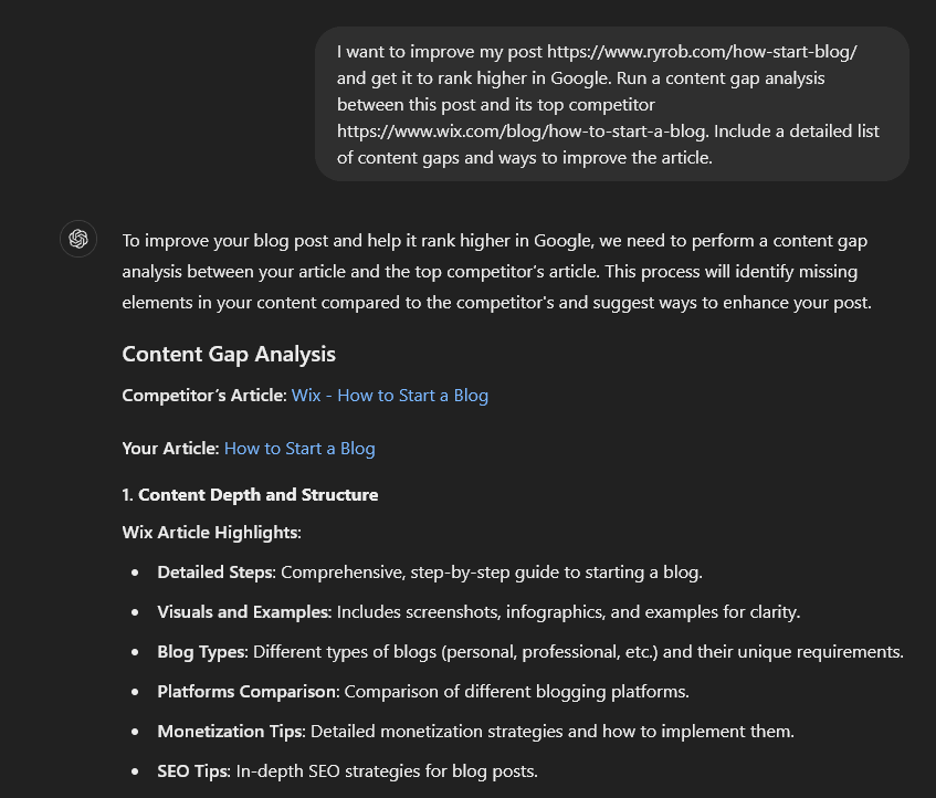 ChatGPT blog prompt for a content gap analysis