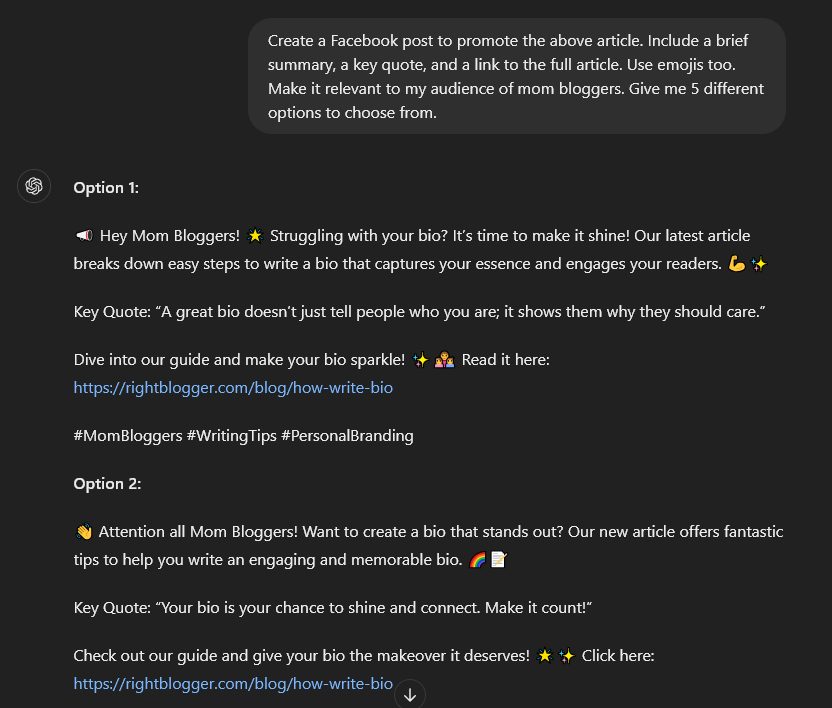 ChatGPT prompt creating Facebook post options to promote an article