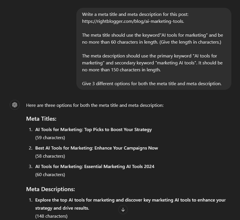 ChatGPT prompt to craft a great meta title and meta description for a blog post
