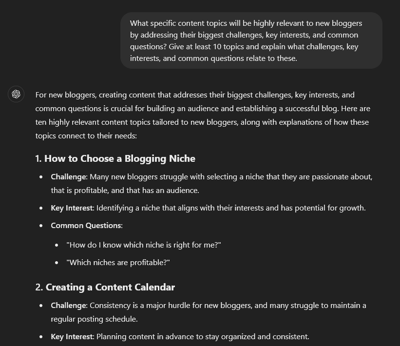 ChatGPT prompt for bloggers to find specific content topics (example is for content topics aimed at new bloggers)