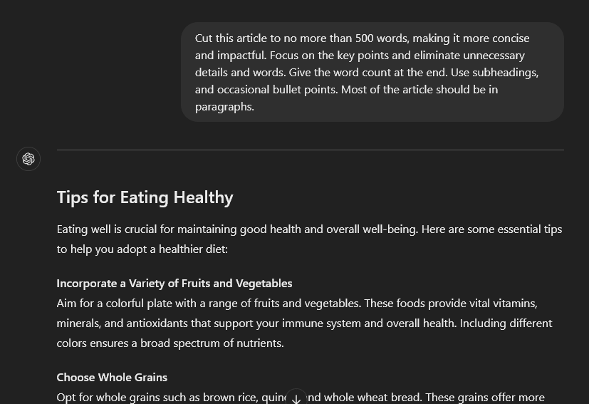 ChatGPT prompt cutting an article down to 500 words, making it more focused and concise