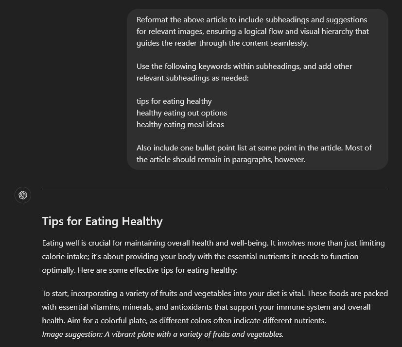 ChatGPT prompt reformatting an article to add image suggestions, subheadings, and more