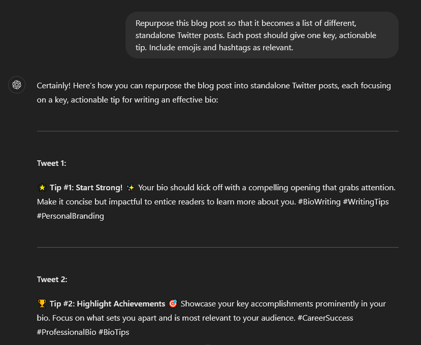 ChatGPT prompt turning a blog post into standalone Twitter posts