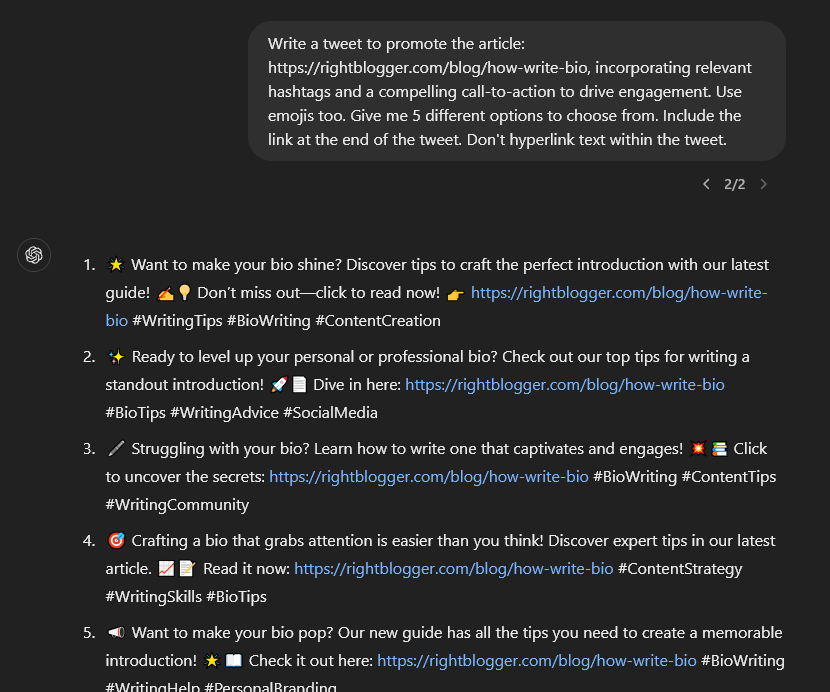 ChatGPT prompt giving 5 tweets to promote an article