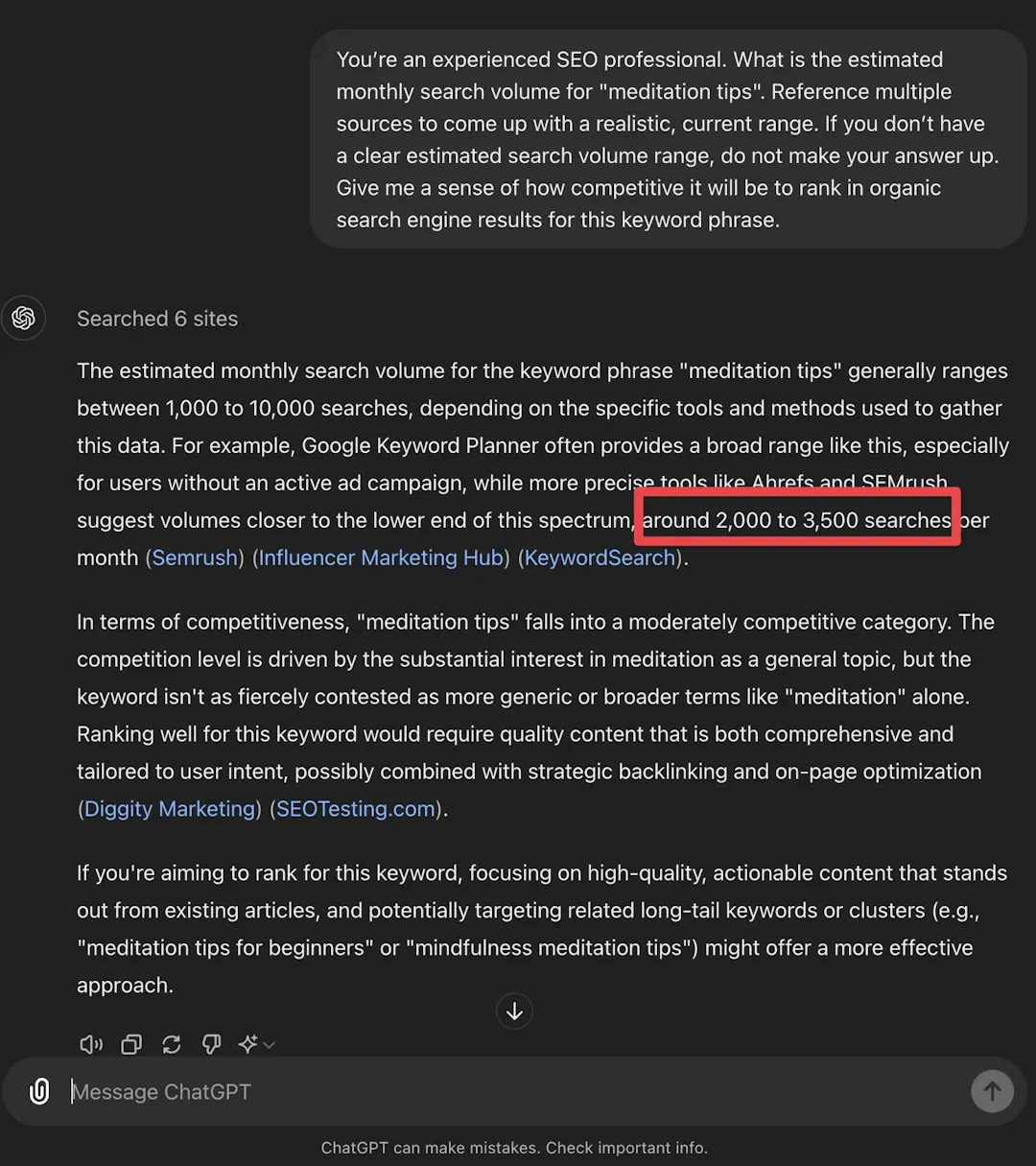 ChatGPT prompt for keyword research to give an estimated monthly search volume and tips on competition