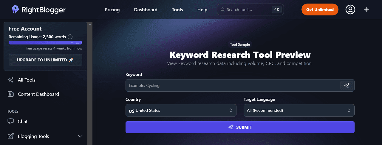 Free version of the RightBlogger Keyword Research Tool 