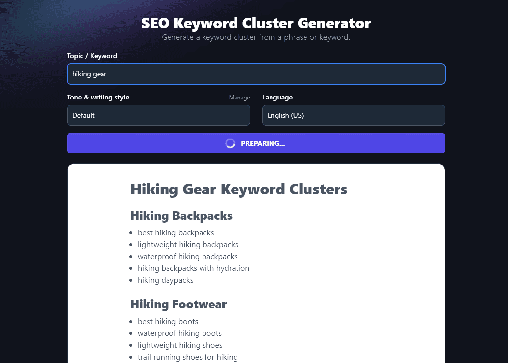 The RightBlogger SEO Keyword Cluster Generator in Action, Showing Keyword Clusters for the Seed Keyword Hiking Gear