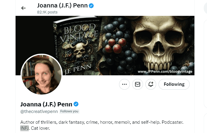 Personal Bio Example from Joanna Penn on X