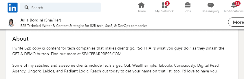 Personal Bio Example from Julia Borgini on LinkedIn