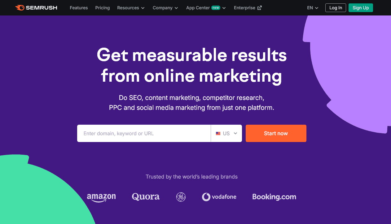 The Semrush Homepage for SEO tools