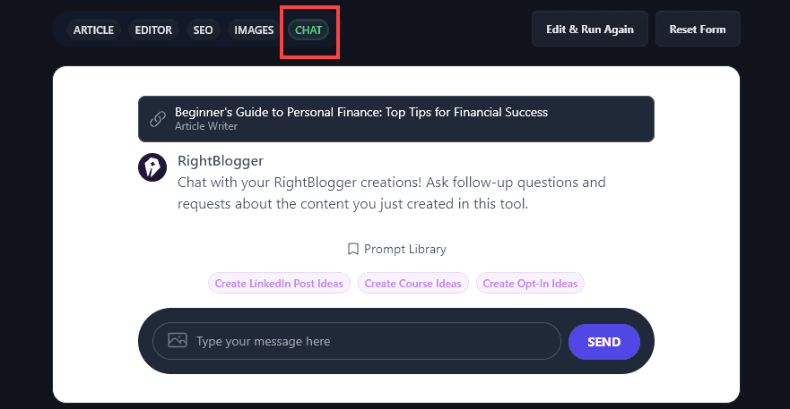 The Article Writer's Chat feature to refine and edit the output