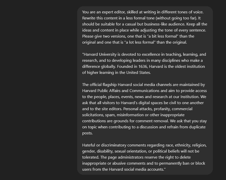 ChatGPT editing prompt asking ChatGPT to rewrite content in a less formal tone, asking for two different versions at different levels of formality