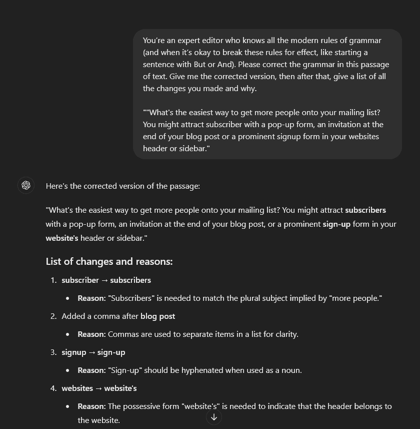 ChatGPT editing prompt asking ChatGPT to correct the grammar in a passage of text, then list the changes made