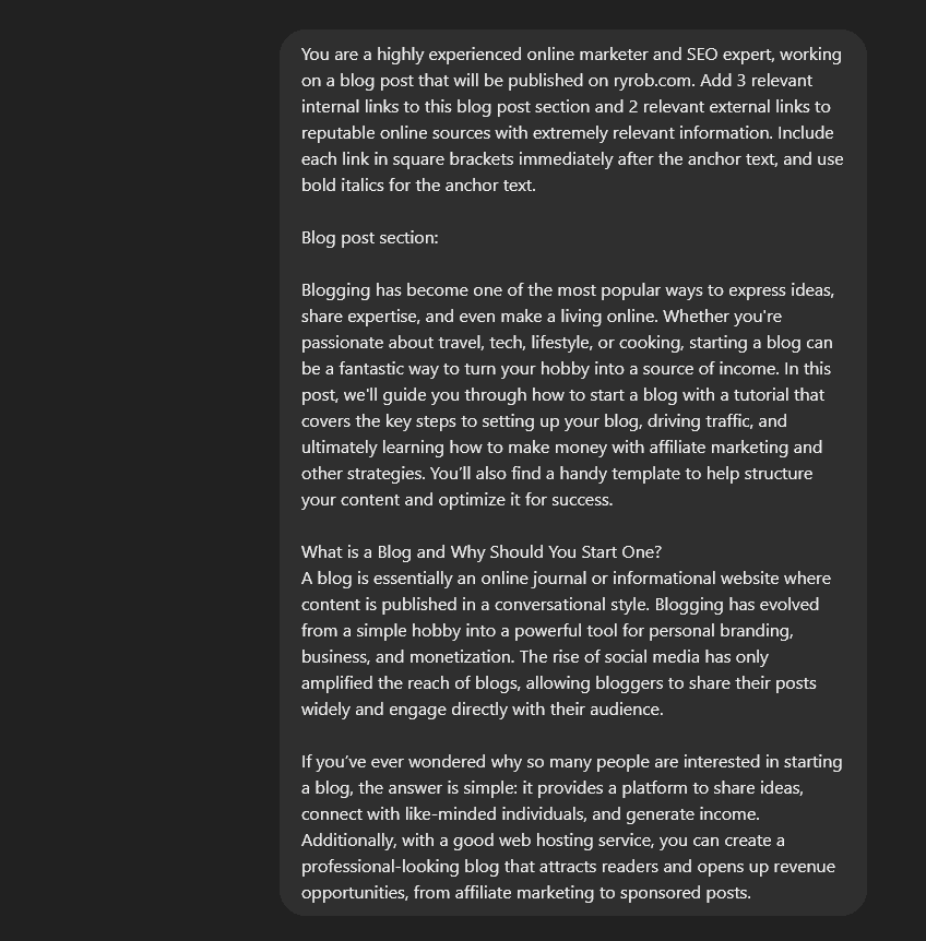 ChatGPT editing prompt asking ChatGPT to add internal and external links to a blog post section
