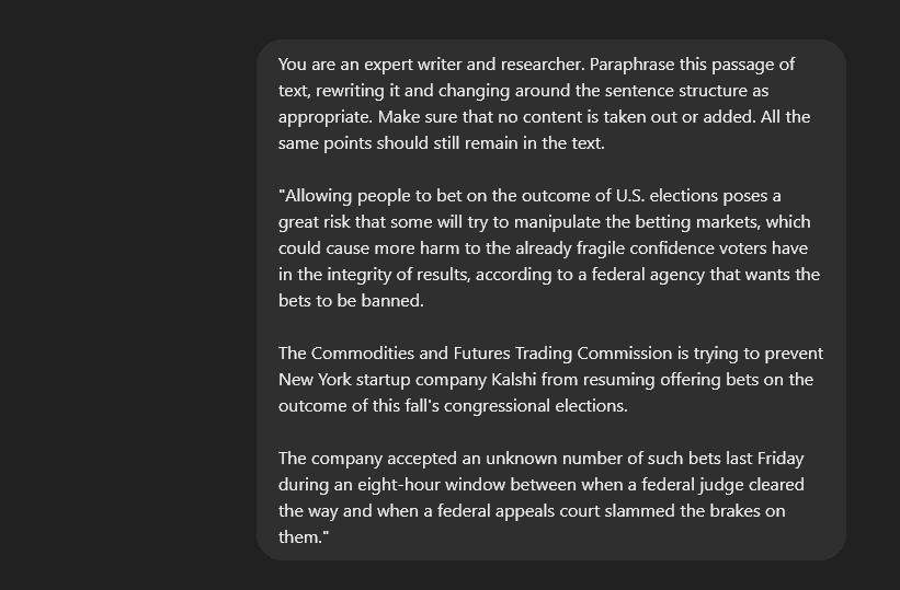 ChatGPT editing prompt asking ChatGPT to paraphrase a passage of text
