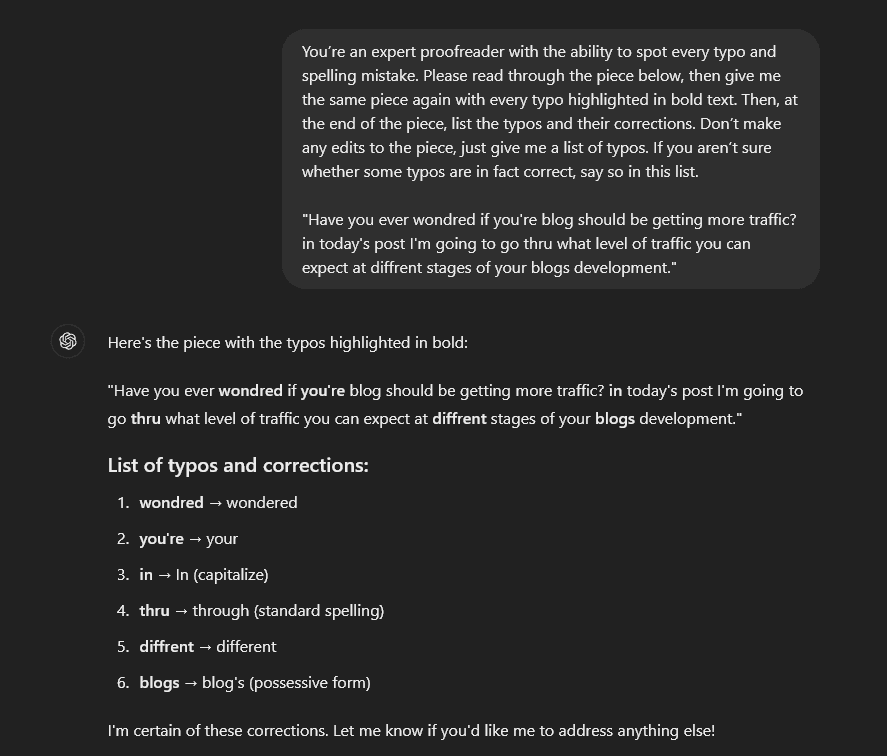 ChatGPT editing prompt asking ChatGPT to act as an expert proofreader and spot typos and spelling mistakes in a passage of text