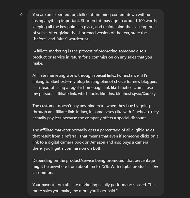 ChatGPT editing prompt asking ChatGPT to shorten a passage of text to arond 100 without losing important details