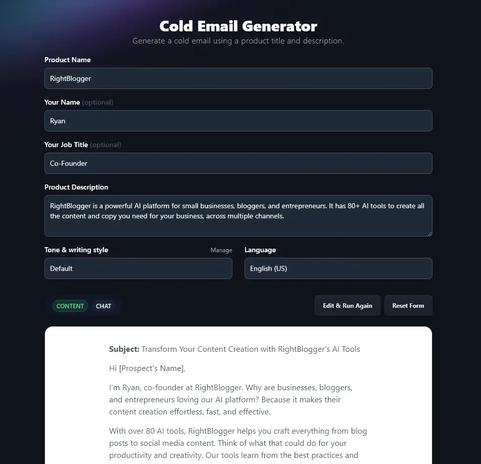 Cold Email Generator Tool in RightBlogger (A)