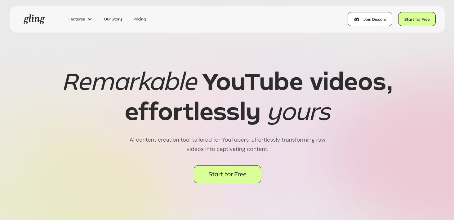 Homepage of the AI content creation tool Gling