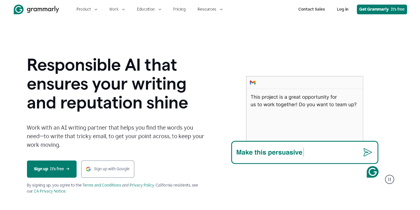 The Grammarly home page (AI grammar, spelling, and writing assistant)